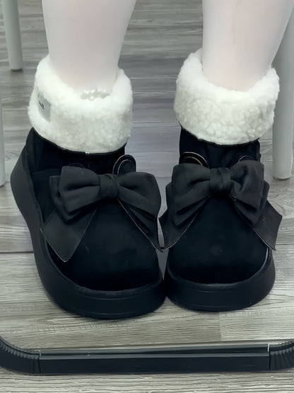 Black Bunny Ear Design Bowknot Platform Winter Boots