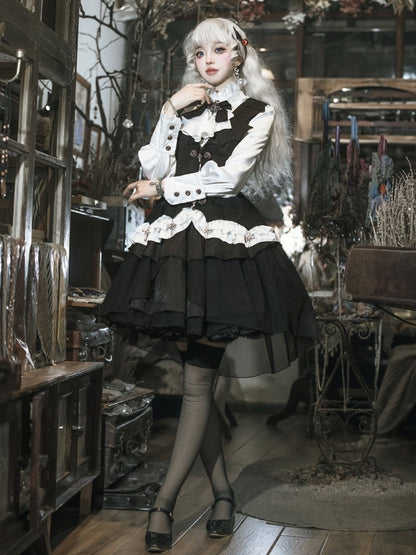 White and Black Gothic Lolita Outfit Shirt + Cross Charms Curved Hem Waistcoat + Spider Web Fabric Skirt Full Set