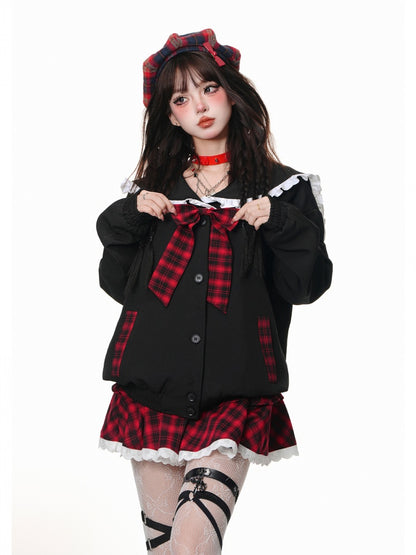 Black Sailor Collar Plaid Bowknot Jacket