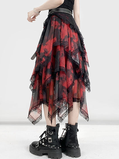Tie Red Trim Lace Hem Y2K Skirt Handkerchief Dye Tiered
