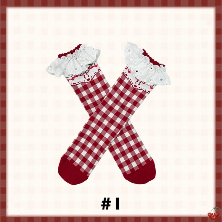 Red Sweet Plaid Striped Polka-dot Pattern Socks