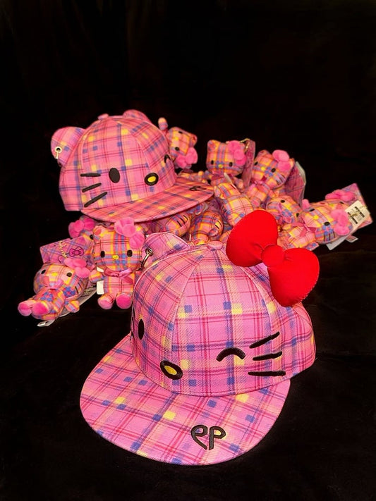 Pink karierte Kitty verstellbare Baseballkappe mit abnehmbarer Schleife