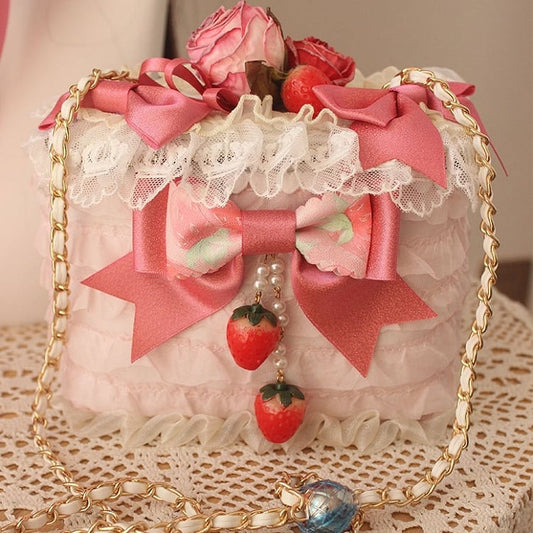 Strawberry  Beaded Charm Bowknot Details Lace Trim Bag