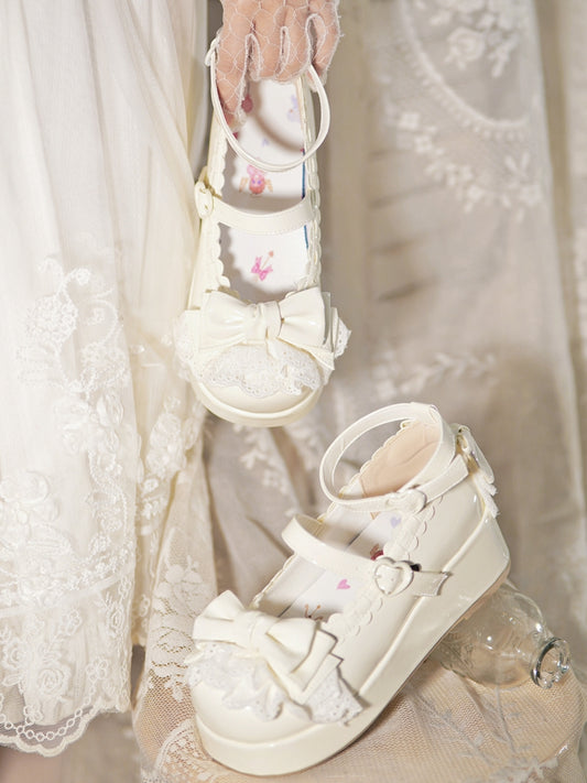 White Bow Milky Buckles at Platforms Lace Trim Top Heart