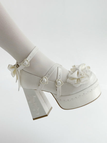 White Lolita Lace Bowknot  Fork Embroidery Platform Block High Heels