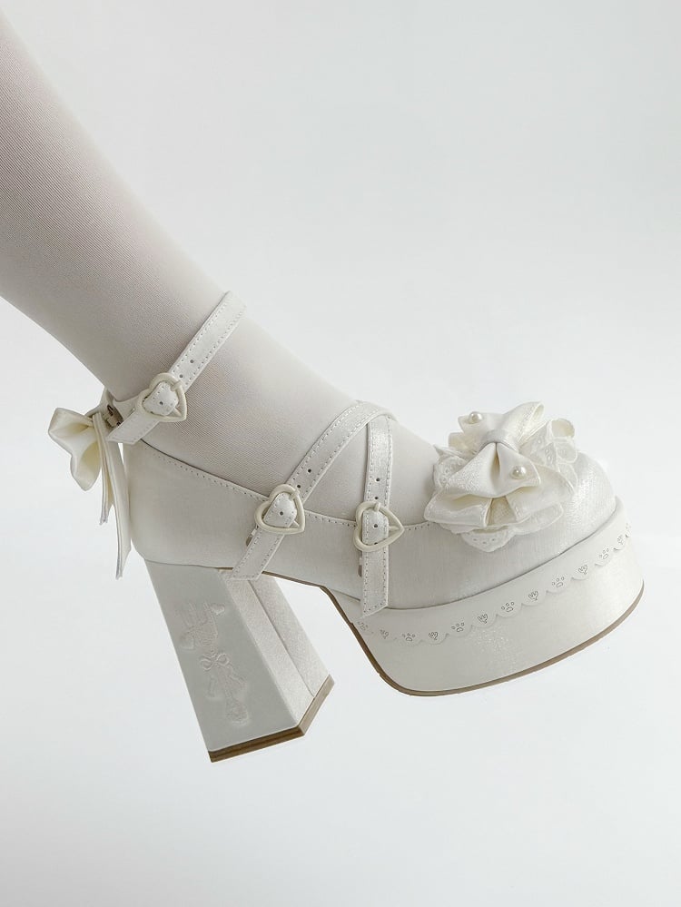 Embroidery High Lace Fork Block Bowknot Platform White Lolita Heels