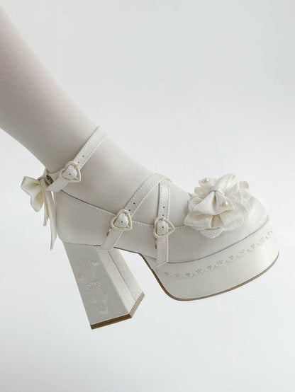 Embroidery High Lace Fork Block Bowknot Platform White Lolita Heels