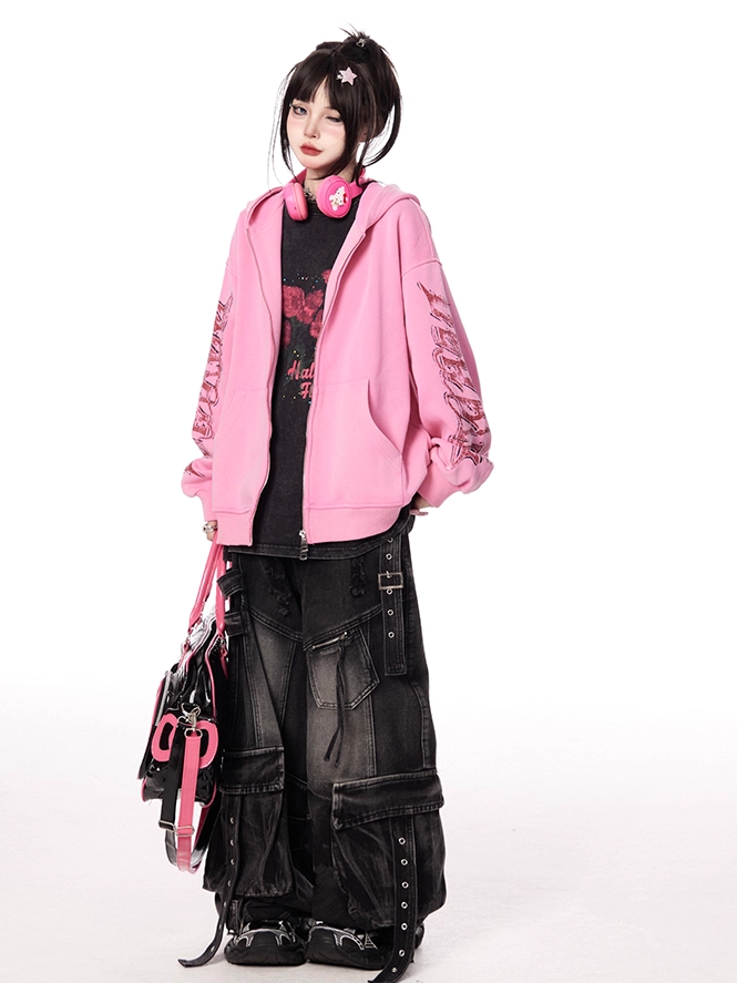 Pink Letter Print Sleeves Zip-up Hoodie Autumn for