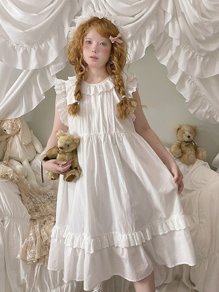 White Eyelet Trim Flutter Sleeves Dress