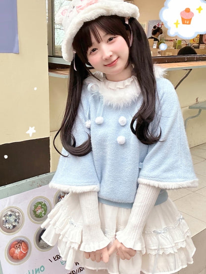 Blue Plush Trim Bows and Pompons Sweater with White Ruffled Cuff Top Set