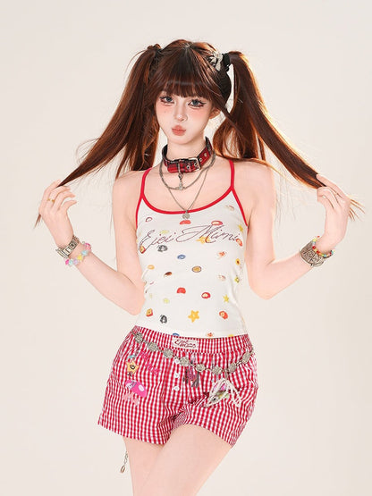 Red Plaid Straight-Leg Casual Shorts