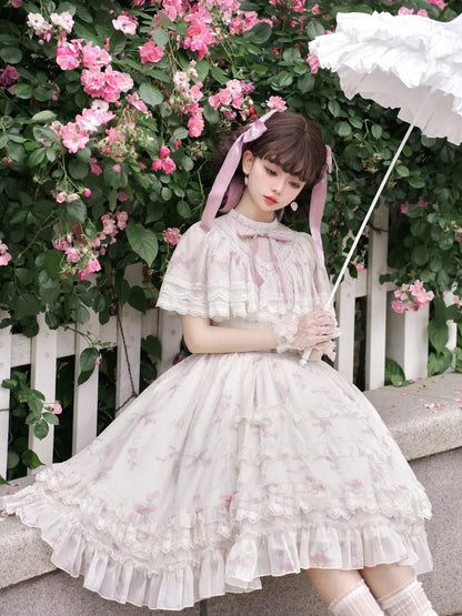 Dress Lolita Classic Elegant Beige Bluebell Neck Floral Edward Print