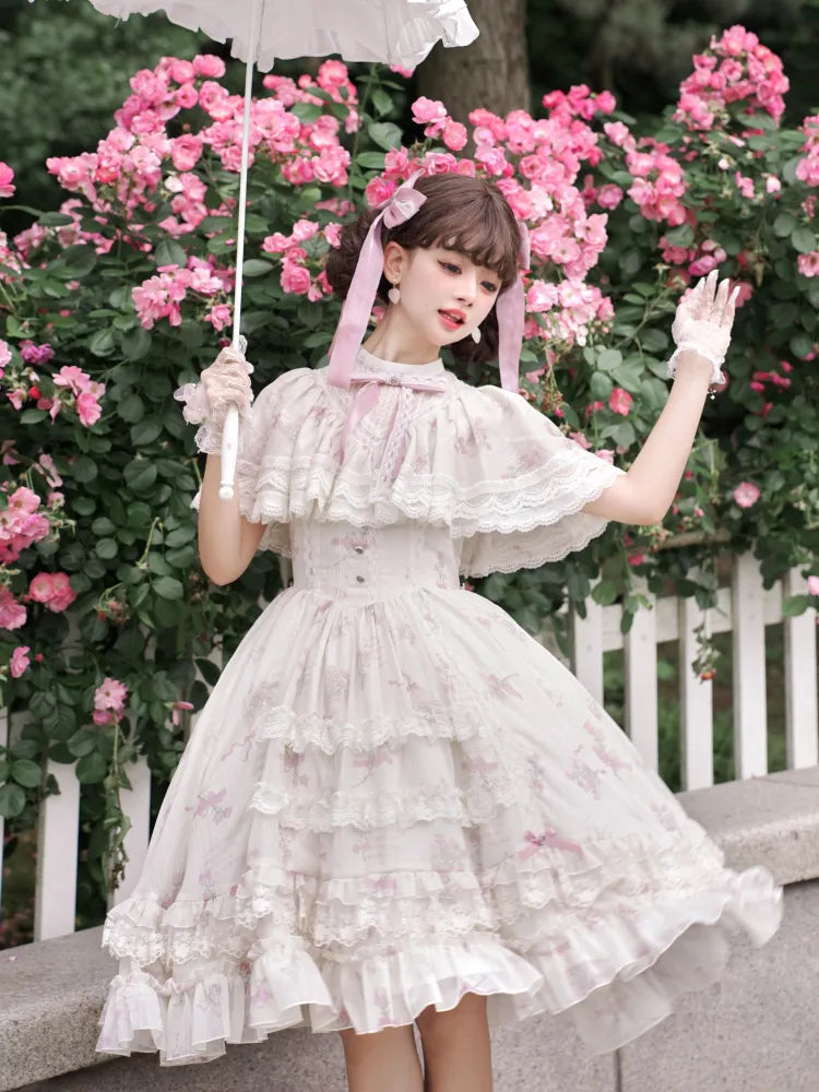 Dress Lolita Classic Elegant Beige Bluebell Neck Floral Edward Print