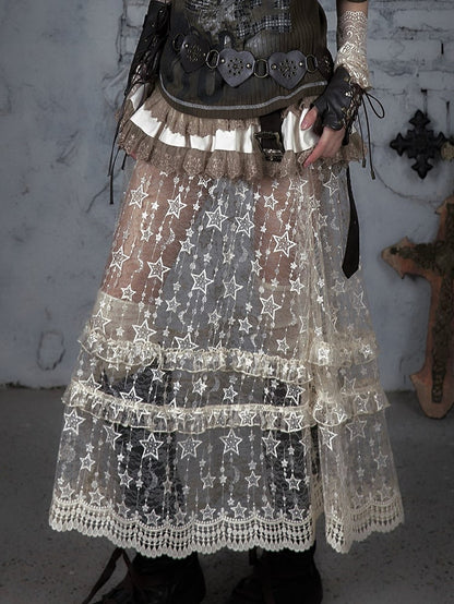 Studded Lace-trimmed Dress with Punk Straps Lace Detachable Overskirt Apricot