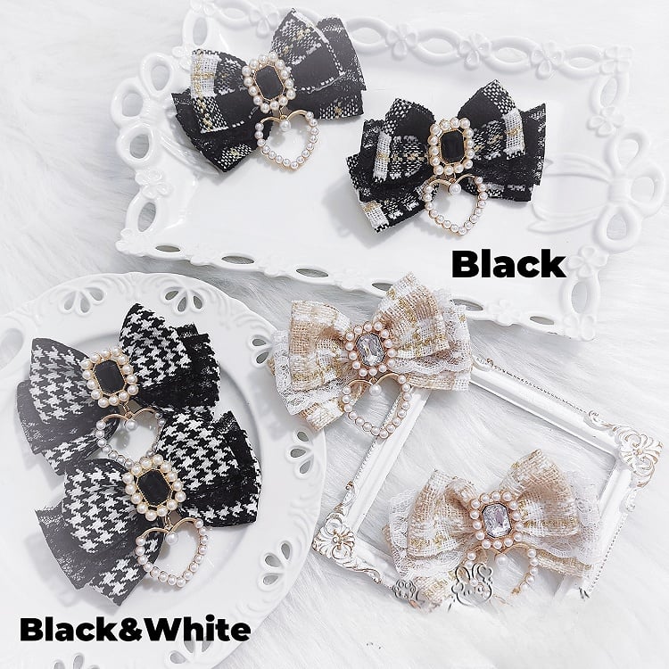 Bow Hairclips Rhinestone Accent Charm Plaid Heart Black/Beige/Pink/BlackWhite