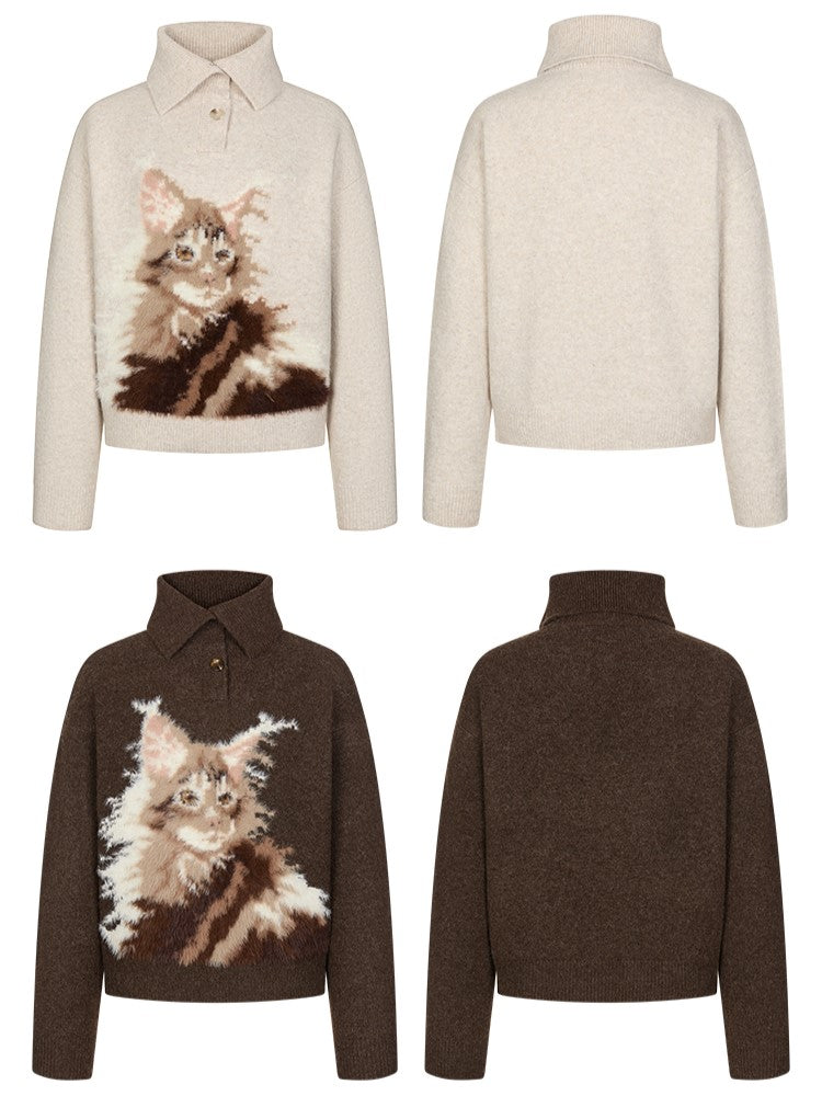 Beige/Brown Cozy Loose-Fit Pullover Sweater with Cat Design and Convertible Collar