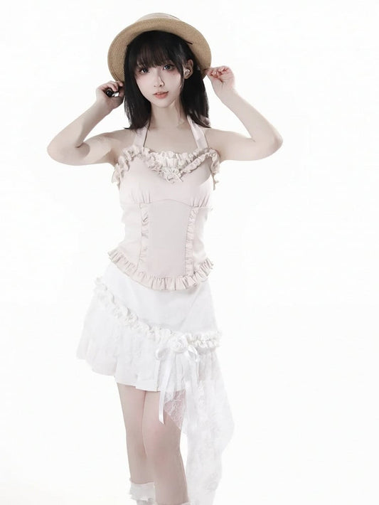 with Detachable Halter Top Apricot Ruffle Trim Beaded Bowknot Self-tie Padded Cups