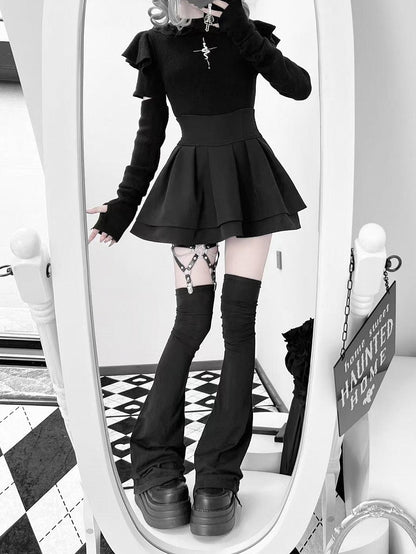 Knit Top with Snake Embroidery Mock Neck Gothic Flutter and Sleeves Black