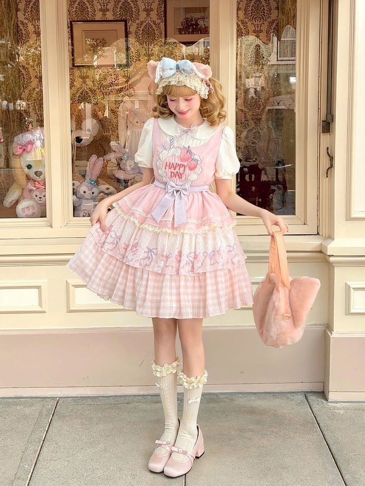 Strawberry Cake Embroidery Pan Tiered Lolita Dress Pink Skirt Peter Collar Sweet