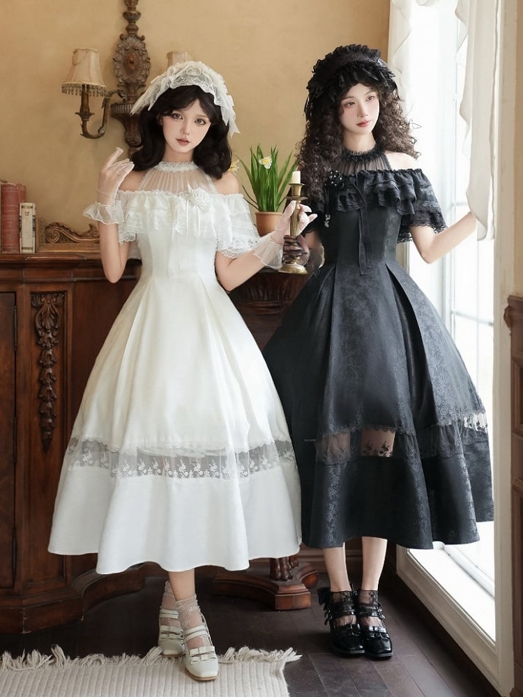 Neck Fabric Jacquard Halter Dress Full Rosette Black Set Illusion Elegant
