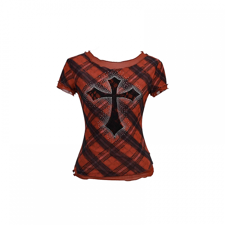 Verziertes glamouröses Mesh-T-Shirt mit Kreuz-Y2K-Punk-Strass-Rot-Karomuster