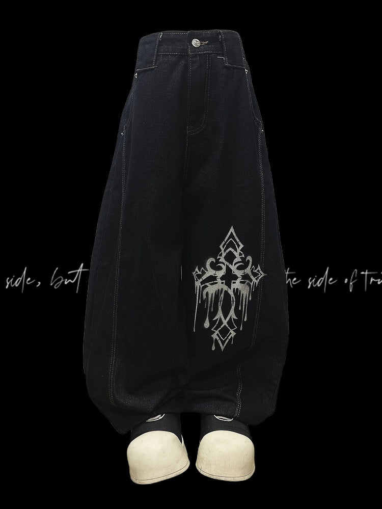 Dunkelblaue Jeans mit weitem Bein und Kreuzmuster