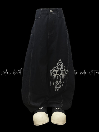 Dunkelblaue Jeans mit weitem Bein und Kreuzmuster