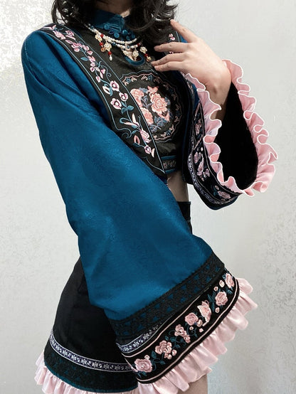 Sleeves Sleeveless Ouji Lolita Floral Chinoiserie + - Cropped Long Outfit Embroidery Shorts Style Top