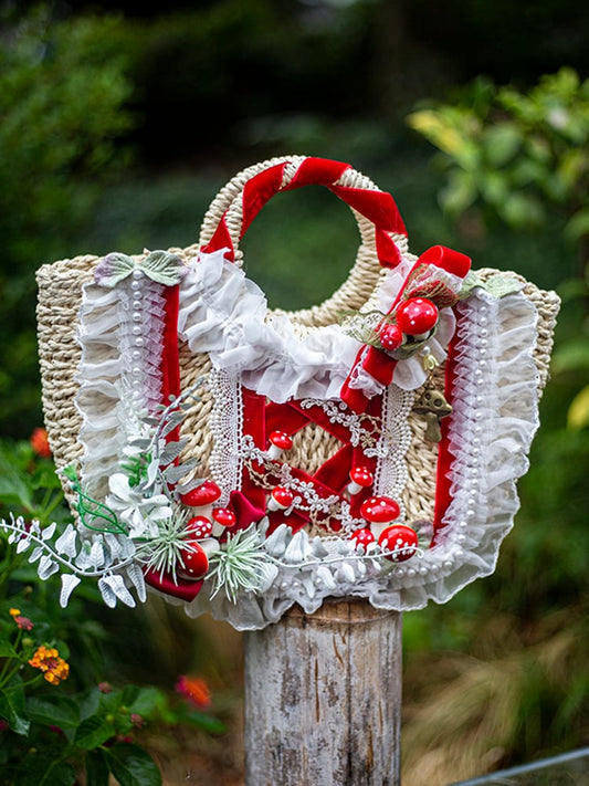 Bead and Ruffle Trim Mushroom Cottagecore Straw Bag