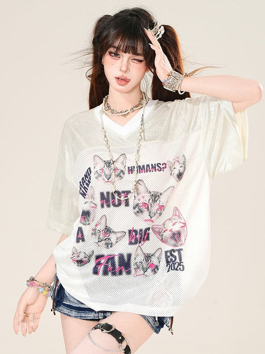 V-neck Cat Daily Kawaii Print T-shirt And Letter White