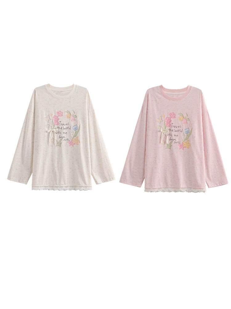 Round Sweet Floral Print Lace Trim Biege/Pink Neck Top