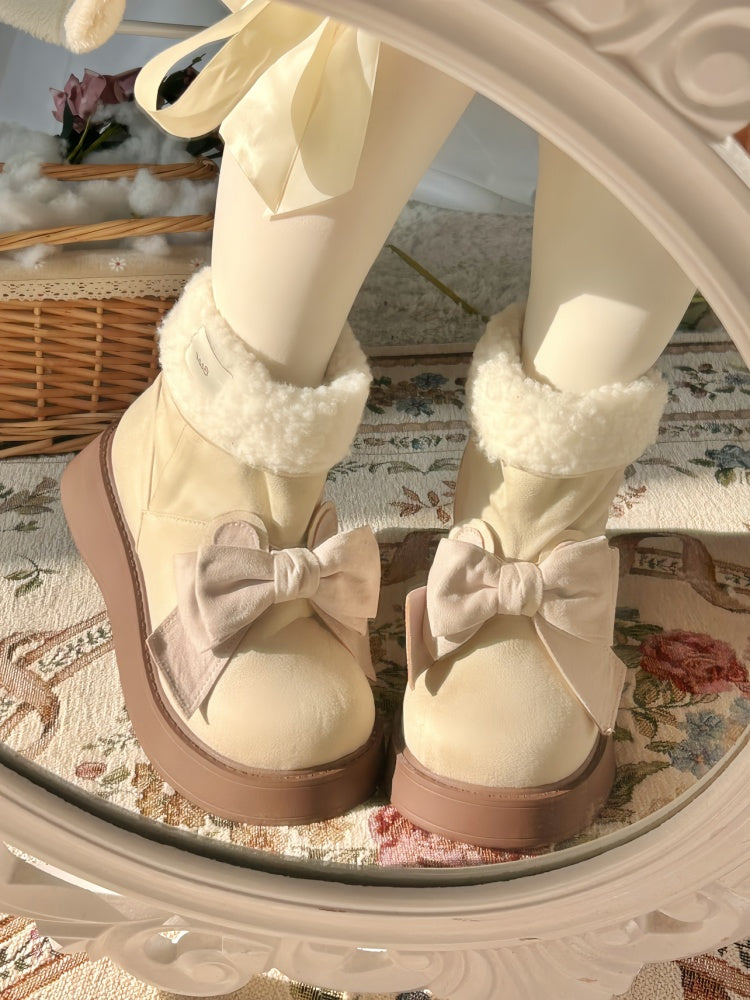 Beige Bunny Ear Bowknot Platform Winter Boots