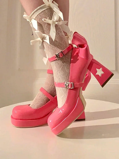 Moon and Celestial Back Y2K Cut-Out Buckles Style Star with Platform - Heels Rose Bow Red