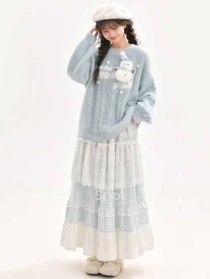 Jupe Mori Kei à carreaux en patchwork de dentelle bleue et blanche à taille haute