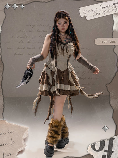 Plus Size Basque Waist Cascading Ruffles Distressed Wasteland Punk Brown Holes Cami Dress