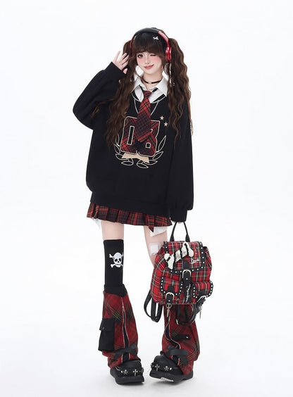 Black Preppy Faux Two-pieces Loose Sweatshirt with Red Plaid Tie