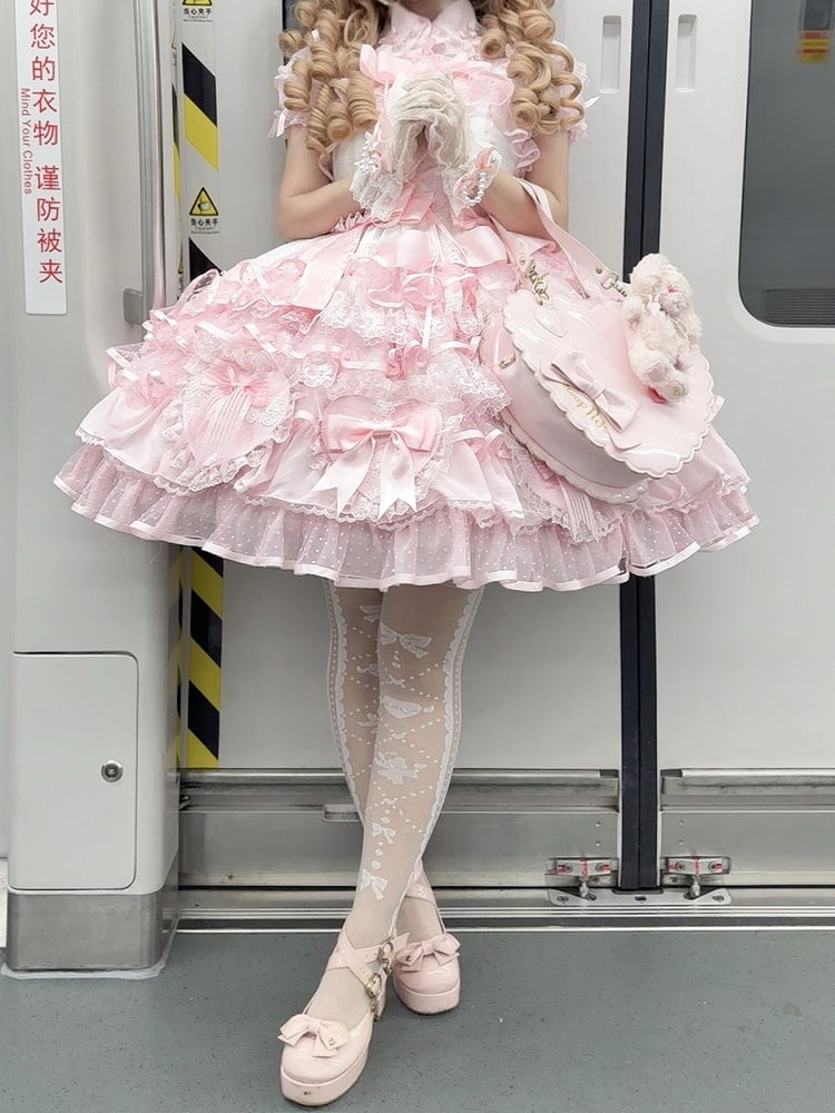 Princess Skirt Hanayome Pink Jumper Dress Decoration Layered Lolita White Heart-shaped and Bows