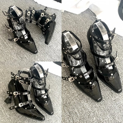 in Buckle Leather Faux Polished 8.5cm Gothic Heel High Crocodile Multiple Heels Straps with Black