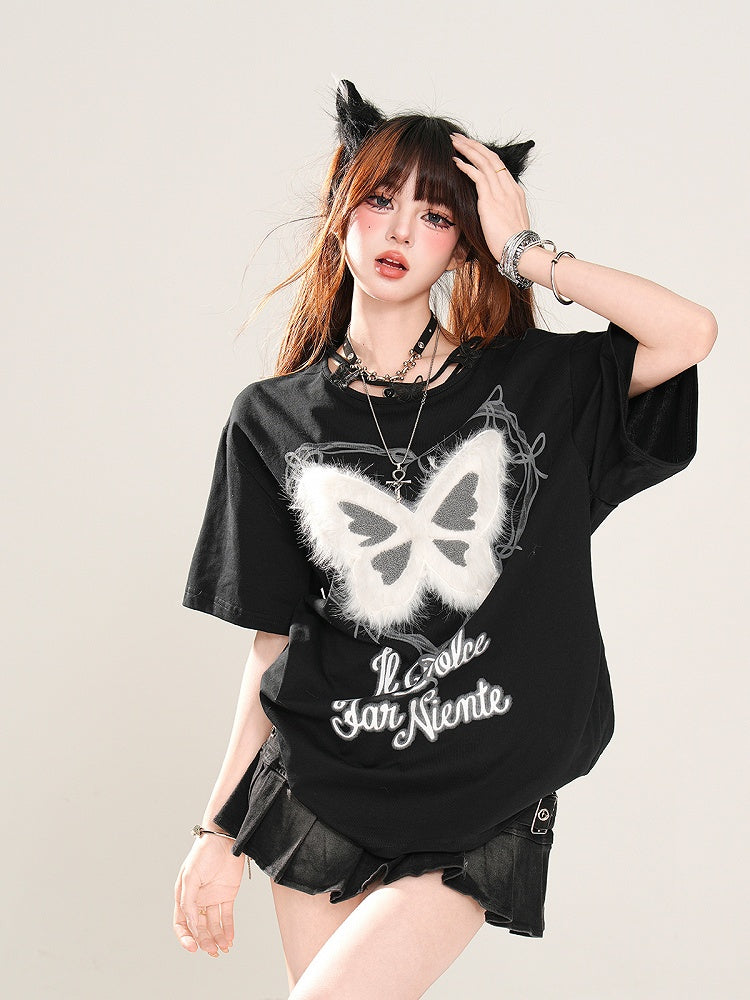Butterfly Design Neckline Plush Butterfly Pink/Black Graphic T-shirt