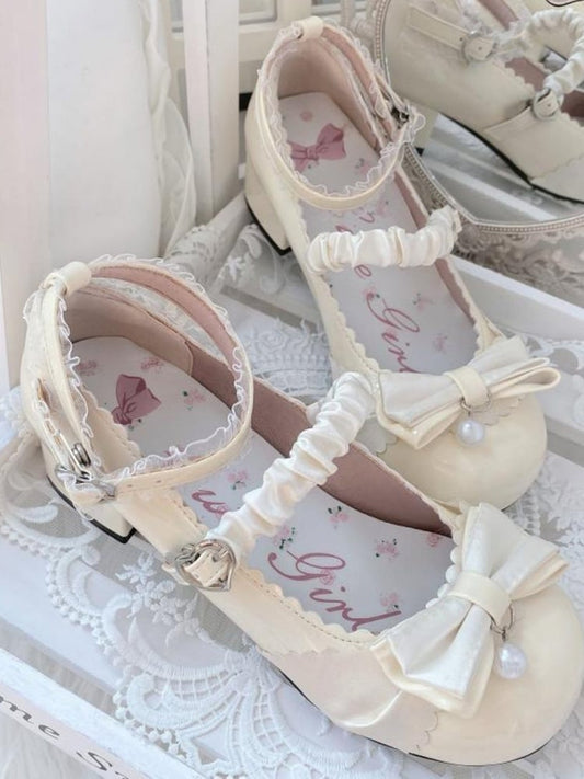 Apricot Bowknot Heart Buckle Strap Lace Details Block Heel Lolita Mary Janes