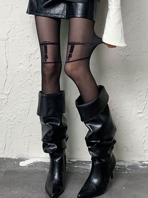 Buckle Print Design Punk Y2K Black Tights