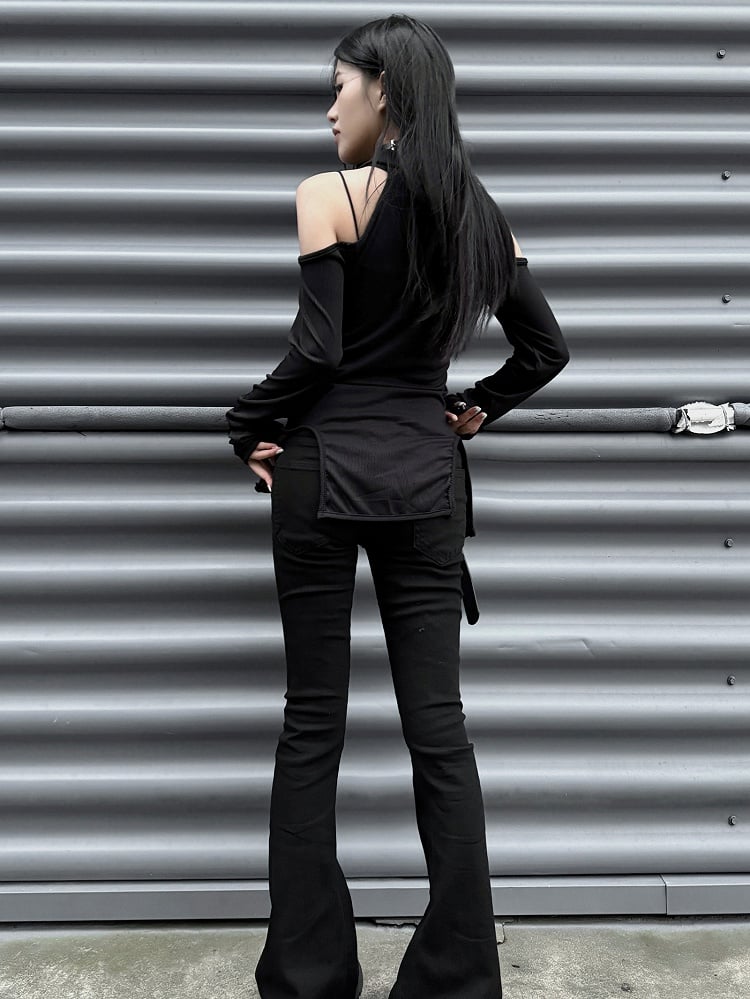 Punk Black High Waist Slim-fit Fishtail Pants with Skeleton Hand Buckle Belt