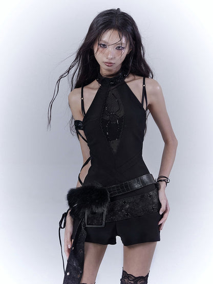 Belt Glamorous Black Halter Neck Spider Rhinestones Jumpsuit with Buckle