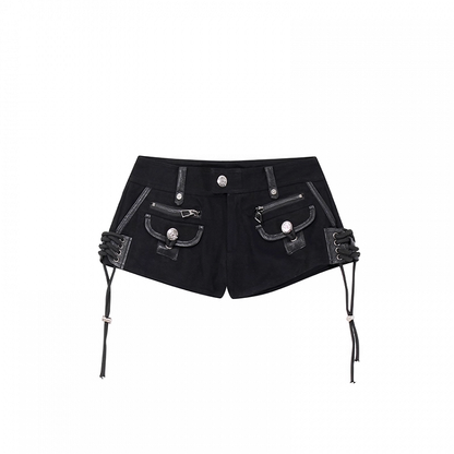 Slim-fitting Denim Shorts Black Low Waist Lace-up Hem