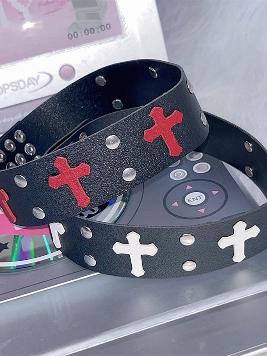 White/Red Cross Stud Detail Punk Choker