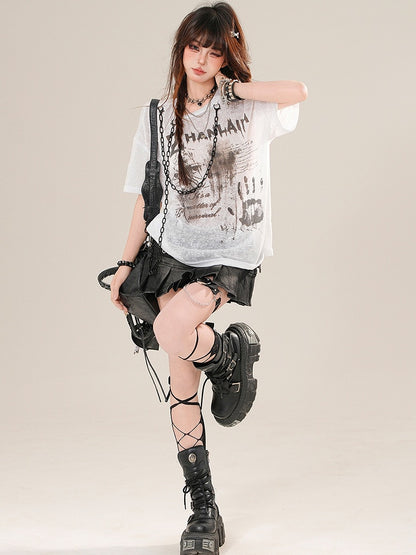 Charm White Glamorous Letter Sun Print T-shirt Protection Chain