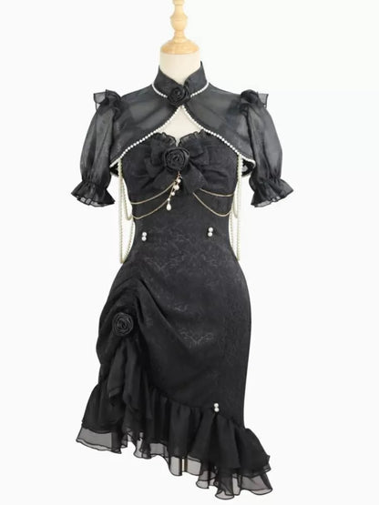 Bead Jacquard Ruffle Camellia Black Lolita Mermaid Decoration Detail JSK Rose Hemline