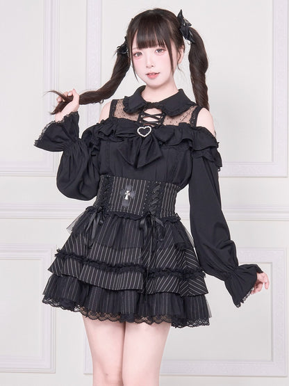 and Detail Long Top Illusion Sleeve Blouse Shoulder Jirai with Black Open Neckline Kei