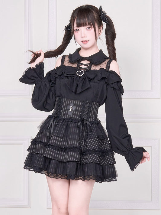 and Detail Long Top Illusion Sleeve Blouse Shoulder Jirai with Black Open Neckline Kei