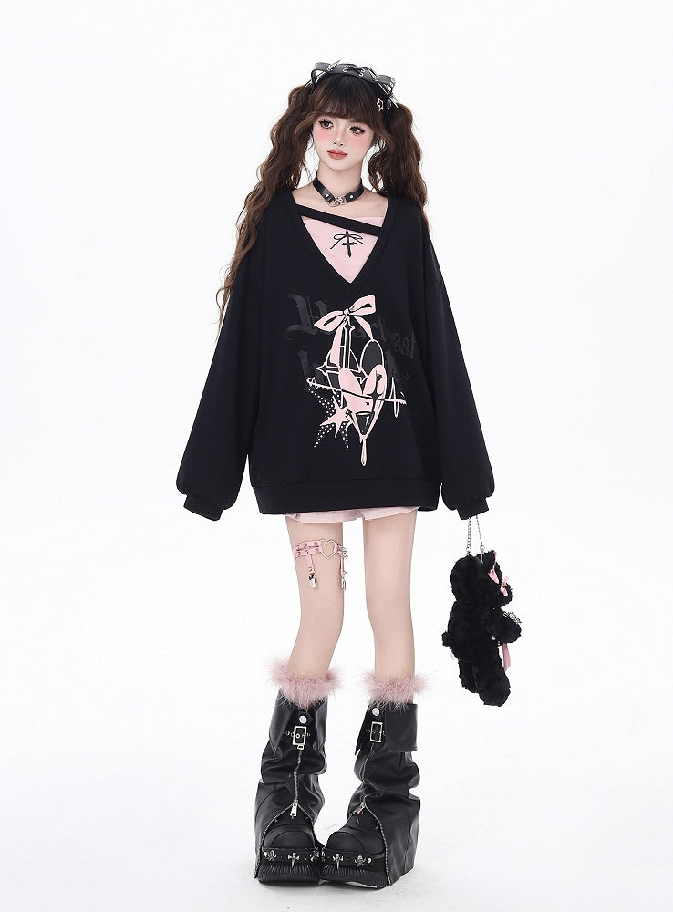 Sweatshirt V-Neck Heart and Bow Print Loose Two-pieces Bittersweet Black/Blue Faux